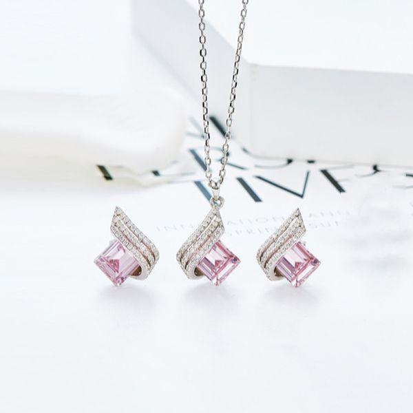 Emerald Cut Pink Sapphire Necklace & Earrings Set - Sterling Silver Jewelry