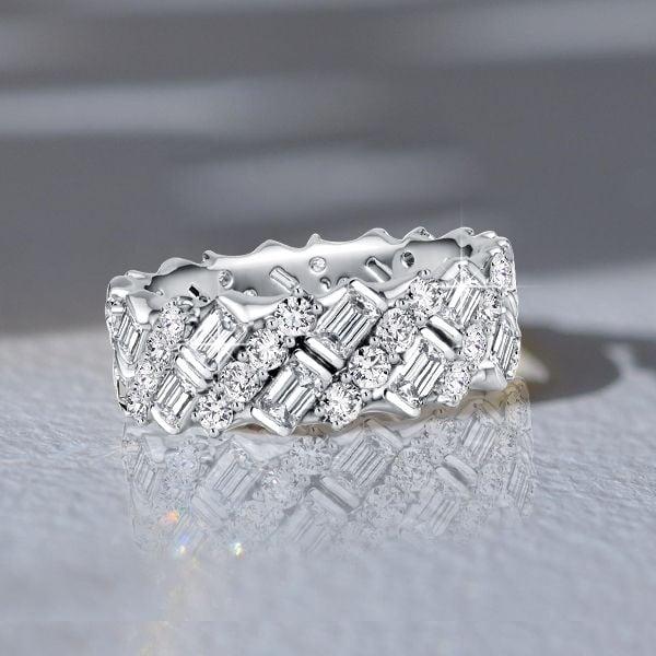 3.20 CT. TW. Round & Emerald Cut Eternity Band in Rhodium-Plated 925 Sterling Silver
