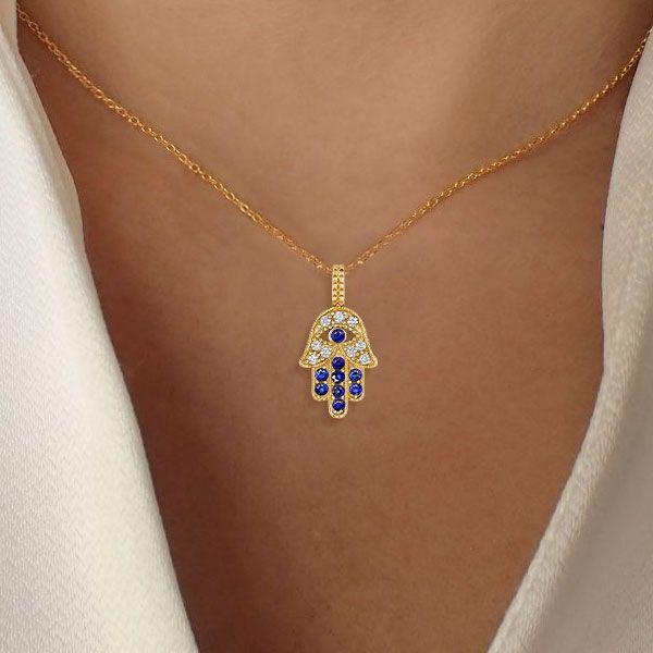 18K Gold Plated Evil Eye Hamsa Hand Necklace for Women - Sterling Silver