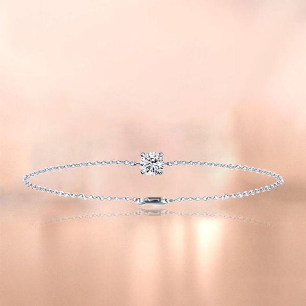 Dainty Single Stone Round Cut Bracelet in Sterling Silver with Rhodium Finish