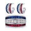 Ruby & Blue Sapphire Sterling Silver Wedding Band & Hoop Earrings Set