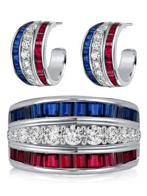Ruby & Blue Sapphire Sterling Silver Wedding Band & Hoop Earrings Set