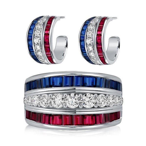 Ruby & Blue Sapphire Sterling Silver Wedding Band & Hoop Earrings Set