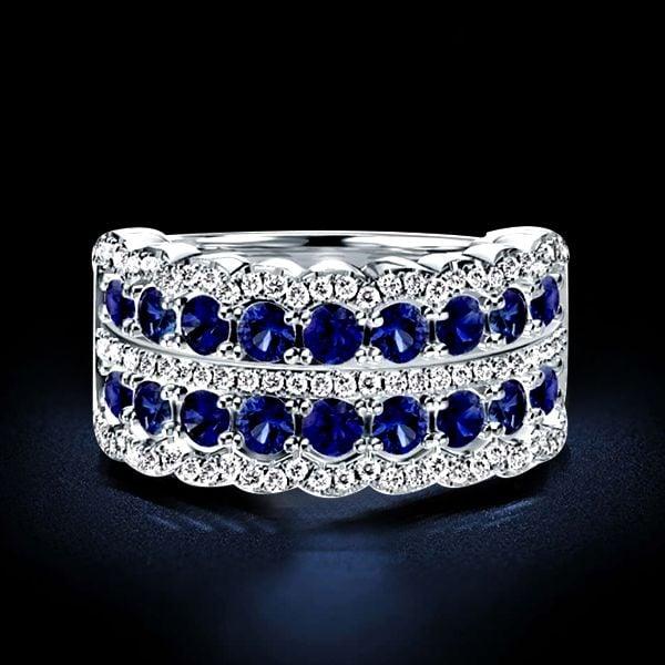 Multi Row White Sapphire Half Eternity Wedding Band in Rhodium Plated Sterling Silver