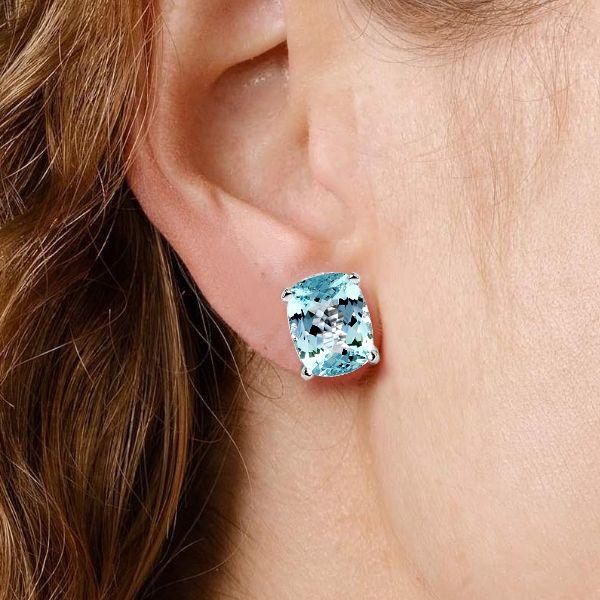 Sterling Silver Cushion Cut Aquamarine Stud Earrings for Women with Push Back Closure