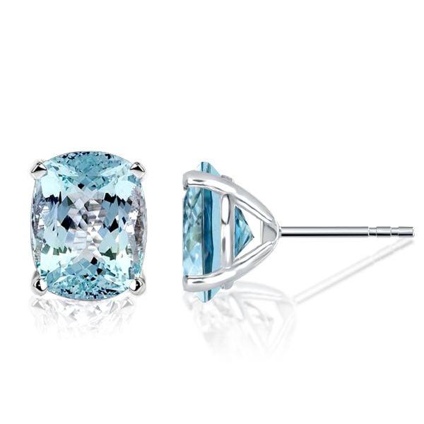 Sterling Silver Cushion Cut Aquamarine Stud Earrings for Women with Push Back Closure