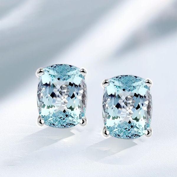 Sterling Silver Cushion Cut Aquamarine Stud Earrings for Women with Push Back Closure