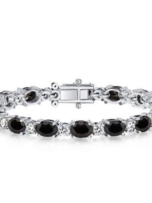 Sterling Silver Black & White Oval Bracelet for Women - [Length Options]