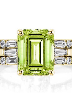 Golden Emerald Cut Peridot Wedding Ring Set - 925 Sterling Silver