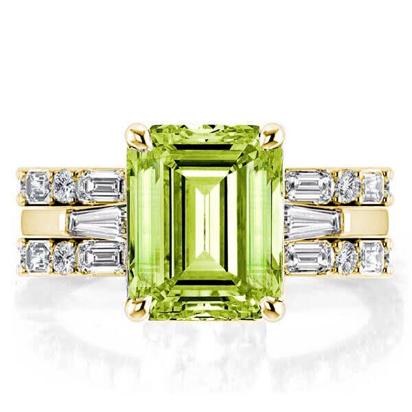 Golden Emerald Cut Peridot Wedding Ring Set - 925 Sterling Silver