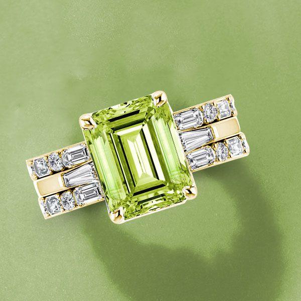 Golden Emerald Cut Peridot Wedding Ring Set - 925 Sterling Silver