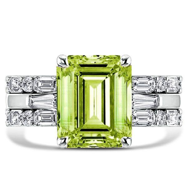 Golden Emerald Cut Peridot Wedding Ring Set - 925 Sterling Silver