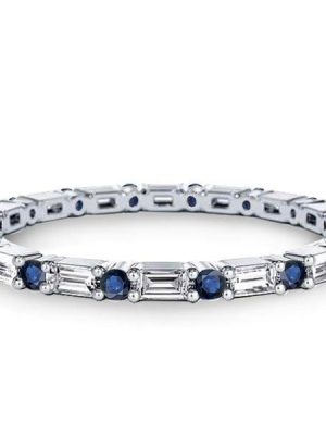 Sterling Silver Baguette Eternity Wedding Band for Women with Blue & White Stones