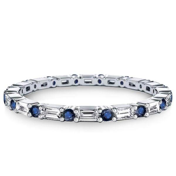 Sterling Silver Baguette Eternity Wedding Band for Women with Blue & White Stones