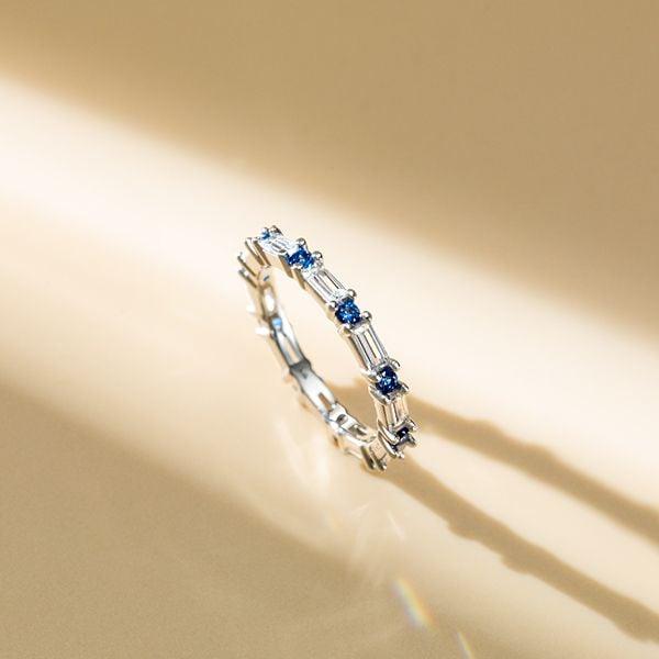 Sterling Silver Baguette Eternity Wedding Band for Women with Blue & White Stones