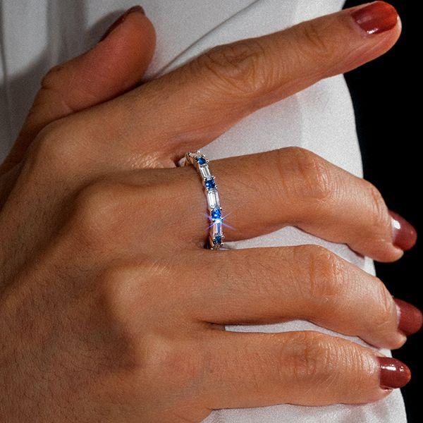 Sterling Silver Baguette Eternity Wedding Band for Women with Blue & White Stones