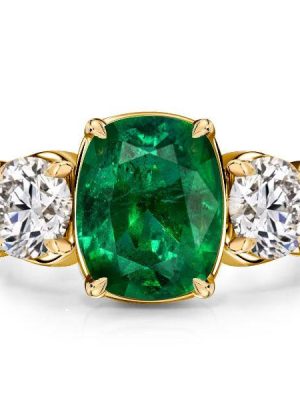 Emerald & Sapphire 3-Stone Cushion Cut Engagement Ring - 18K Gold Plated Sterling Silver