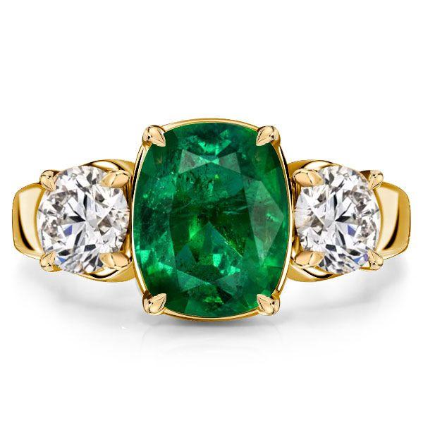 Emerald & Sapphire 3-Stone Cushion Cut Engagement Ring - 18K Gold Plated Sterling Silver