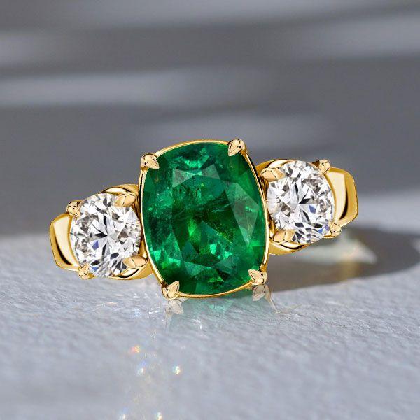 Emerald & Sapphire 3-Stone Cushion Cut Engagement Ring - 18K Gold Plated Sterling Silver