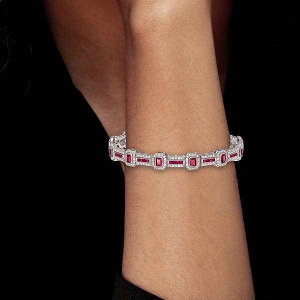 Emerald Cut Ruby Bracelet in 925 Sterling Silver with Box Clasp