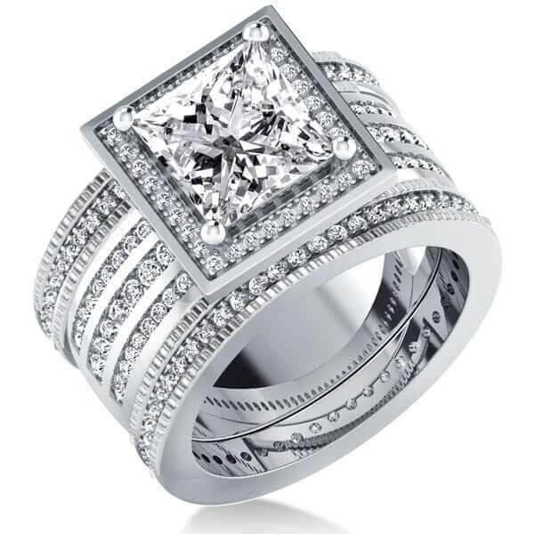 Sterling Silver Wedding Ring Set for Her with 3.00 CT Center Stone