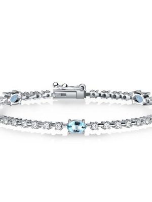 Aquamarine and White Stone Oval Cut Tennis Bracelet in Sterling Silver