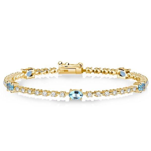 Aquamarine and White Stone Oval Cut Tennis Bracelet in Sterling Silver