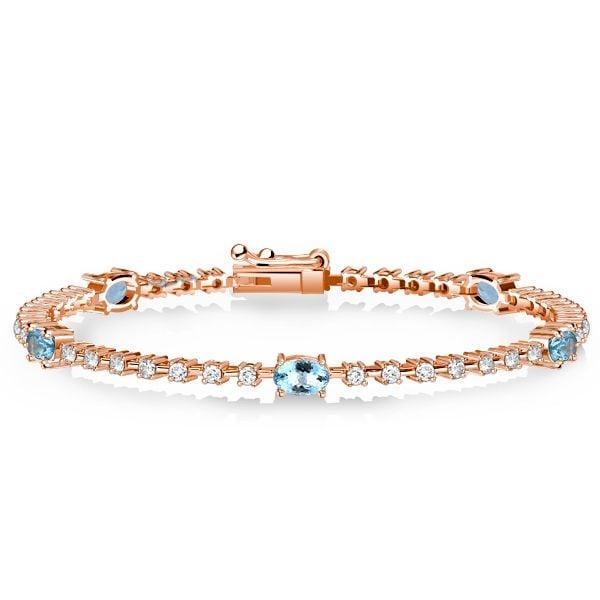 Aquamarine and White Stone Oval Cut Tennis Bracelet in Sterling Silver