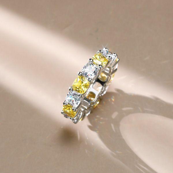 White & Yellow Topaz Cushion Cut Eternity Band in Sterling Silver