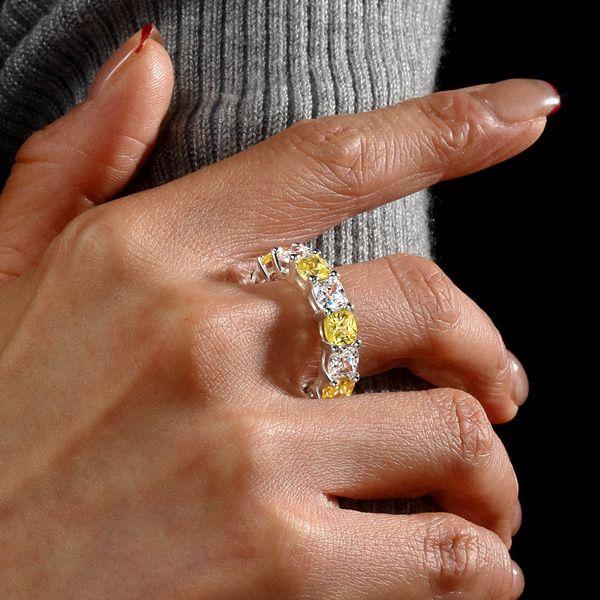 White & Yellow Topaz Cushion Cut Eternity Band in Sterling Silver