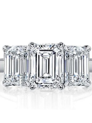 Emerald Cut Three Stone Engagement Ring in Rhodium-Plated Sterling Silver