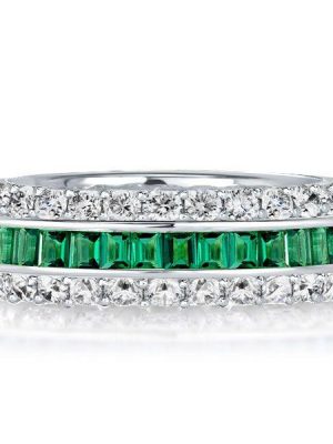 Sterling Silver White & Green Cubic Zirconia Eternity Wedding Band - Triple Row
