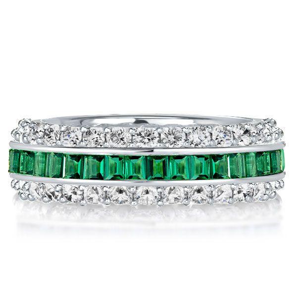 Sterling Silver White & Green Cubic Zirconia Eternity Wedding Band - Triple Row