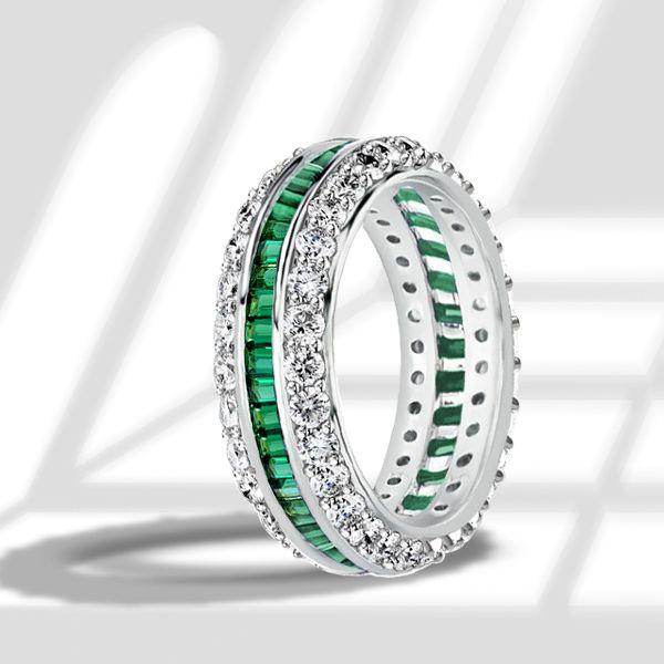 Sterling Silver White & Green Cubic Zirconia Eternity Wedding Band - Triple Row