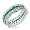 Sterling Silver White & Green Cubic Zirconia Eternity Wedding Band - Triple Row