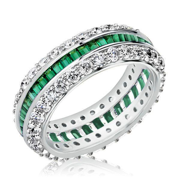 Sterling Silver White & Green Cubic Zirconia Eternity Wedding Band - Triple Row