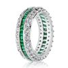 Sterling Silver White & Green Cubic Zirconia Eternity Wedding Band - Triple Row