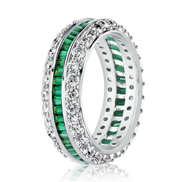 Sterling Silver White & Green Cubic Zirconia Eternity Wedding Band - Triple Row