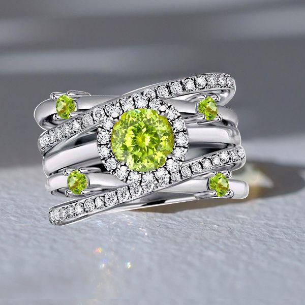 Halo Peridot Engagement Ring Set - 925 Sterling Silver