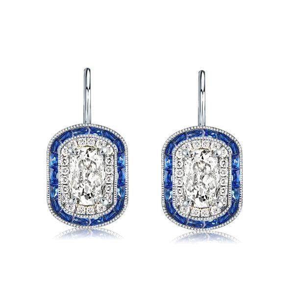 Sterling Silver Double Halo Drop Earrings with 3.20 CT. TW. Center Stones