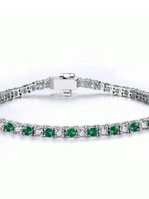 Dainty Emerald and Sapphire Tennis Bracelet for Women in Rhodium-Plated Sterling Silver