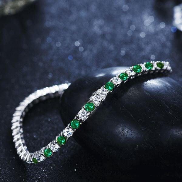 Dainty Emerald and Sapphire Tennis Bracelet for Women in Rhodium-Plated Sterling Silver
