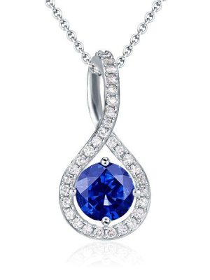 Blue Sapphire Twist Pendant Necklace - Sterling Silver Pave Halo - 17-22 Inch Chain