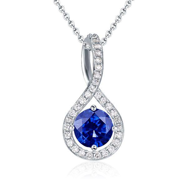 Blue Sapphire Twist Pendant Necklace - Sterling Silver Pave Halo - 17-22 Inch Chain