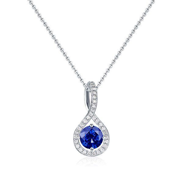 Blue Sapphire Twist Pendant Necklace - Sterling Silver Pave Halo - 17-22 Inch Chain