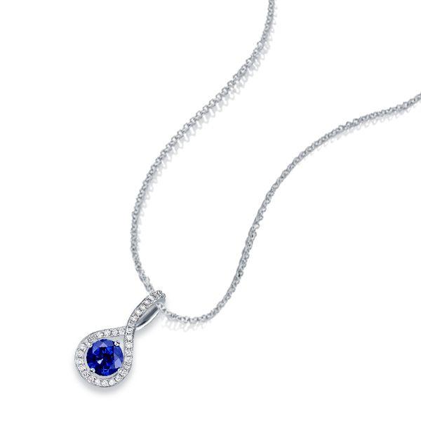 Blue Sapphire Twist Pendant Necklace - Sterling Silver Pave Halo - 17-22 Inch Chain