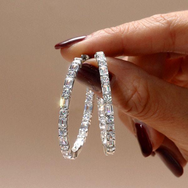 Baguette Cut Sterling Silver Hoop Earrings - 7.20 CT. TW.