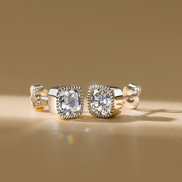 Milgrain Bezel Cushion Cut White Sapphire Stud Earrings in Sterling Silver