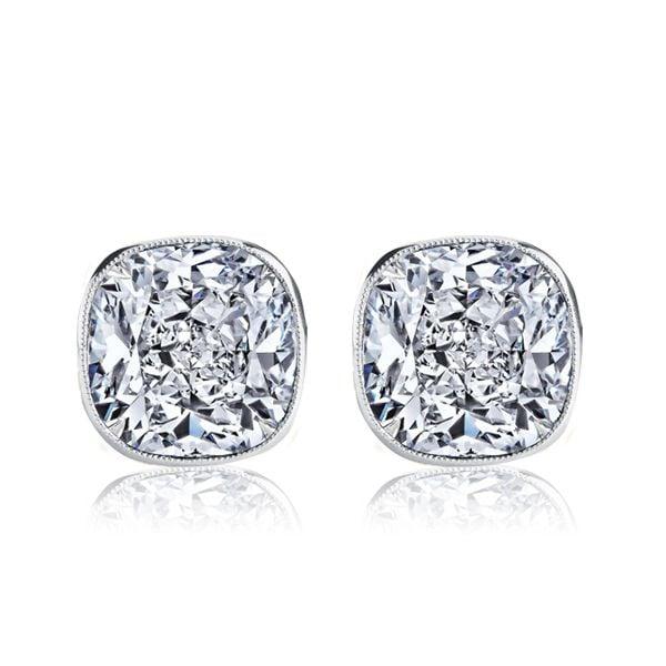 Milgrain Bezel Cushion Cut White Sapphire Stud Earrings in Sterling Silver