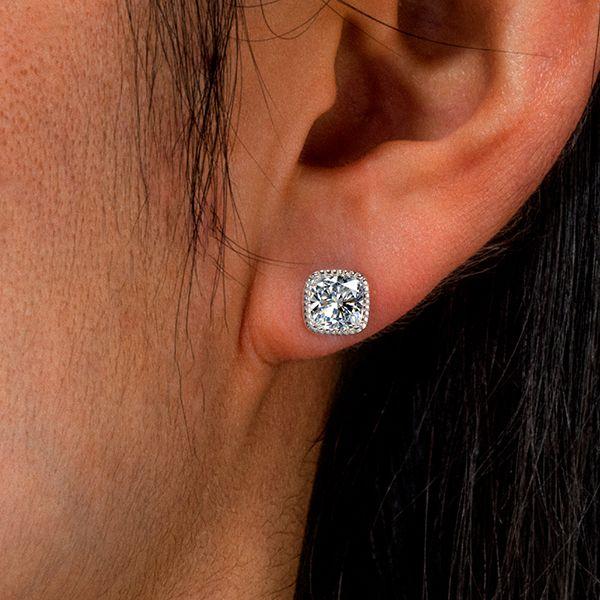 Milgrain Bezel Cushion Cut White Sapphire Stud Earrings in Sterling Silver